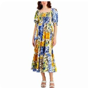 INC BOHO Phoebe Patch Printed Smocked Tiered Puff Sleeve Flowy Maxi Dress Medium